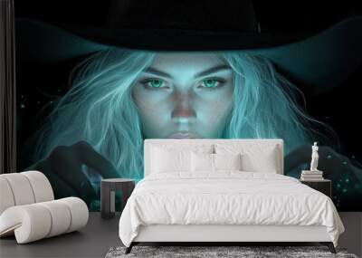 A witch with emerald green eyes and flowing silver hair stirring a bubbling cauldron her face illuminated by the otherworldly glow emanating from the magical concoction. Wall mural