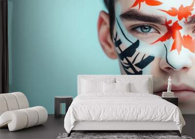 A young man with a detailed illustration of a Japanese samurai mask on his face, showcasing the strength and discipline of Japanese culture. Wall mural