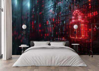 Abstract digital security concept with red glowing padlock icon on dark binary code background Wall mural