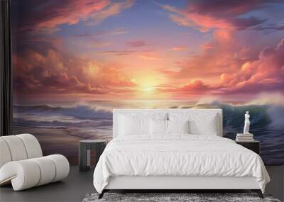 Amazing panorama of sunset on the sea. Seascape with colorful sky and clouds. Beautiful beach background for relaxation Wall mural