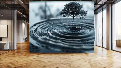 An abstract 3D visualization of a raindrop falling into a puddle, creating ripples that form the shape of a tree, representing the cycle of water and life in nature. Wall mural