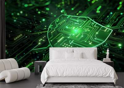 An abstract illustration of a green, circuit-like pattern forming a shield, illustrating the integration of green technology in security systems. Wall mural