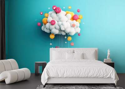 An abstract representation of a cloud, with data streams and icons symbolizing storage, processing, and access. Wall mural