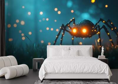 An alien creature with glowing eyes and strange limbs, walking through a surreal and unfamiliar world. Wall mural