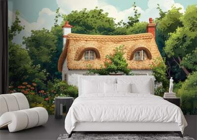 An illustration of a charming cottage with a thatched roof, surrounded by lush Wall mural