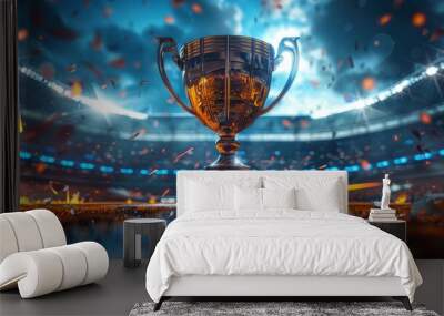 An imaginative 3D illustration of a giant trophy in the middle of a stadium, symbolizing a major victory in sports or competitions. Wall mural