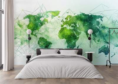 An imaginative illustration of a green map of the world with network lines connecting major cities, highlighting the global reach of sustainable practices. Wall mural