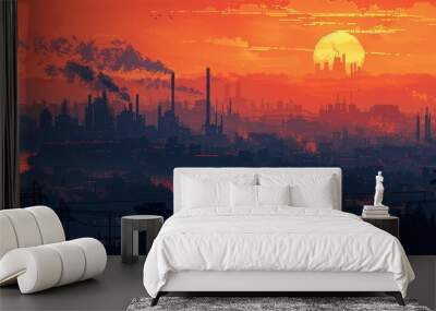 An industrial cityscape with factories and smokestacks silhouetted against the sunset, representing the impact of industrial development on urban landscapes. Wall mural