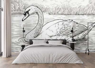 Animal Coloring Book: A graceful swan swimming on a tranquil lake Wall mural