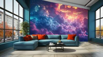 Beautifully illuminated night sky with colorful clouds and glowing stars Wall mural