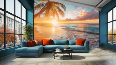 Bright sunrise over the Red Sea, Egypt. Palm trees stand out against the colorful sky. Wall mural