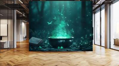 Cauldron bubbling over a crackling fire strange ingredients floating in a luminescent green liquid surrounded by mystical objects: herbs crystals and spell books creating a sense of magic and mystery. Wall mural