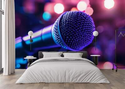 A close-up of a microphone on a stage with a blurred background of pink and purple lights. Wall mural