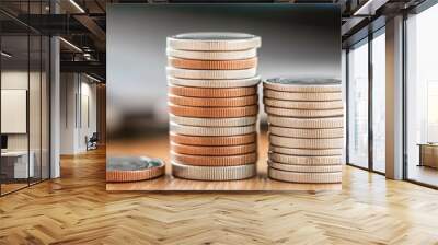 A close-up view of stacked coins symbolizing savings, finance, and investment on a wooden table with a blurred background. Wall mural