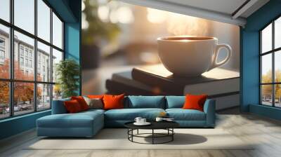 A steaming cup of coffee sits on two closed books bathed in soft morning light, creating a cozy reading and relaxation scene. Wall mural