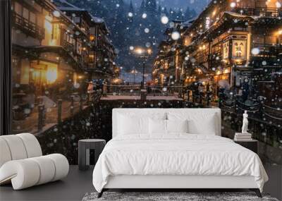 Ancient Ginzan onsen village in winter, travel landmark in Japan. Wall mural