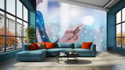 Business woman with mobile phone , Future communication network connection solutions technology, wireless, Global internet and satellite connection interface concept. Wall mural