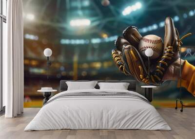 Close-up of a baseball glove catching a ball during a game under stadium lights. Focus on action, excitement, and sport in a dynamic environment. Wall mural