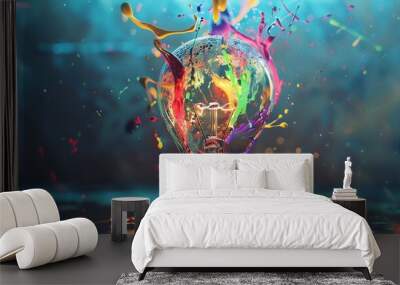 Creative light bulb explodes with colorful paint and splashes. Wall mural