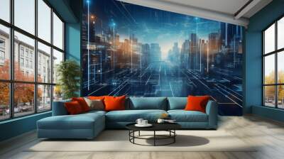 illustration virtual city of digital economy technology background. Wall mural