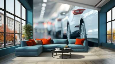 Line of white cars in a modern car dealership showroom with a blurred background, showcasing the rear view of the vehicles. Wall mural