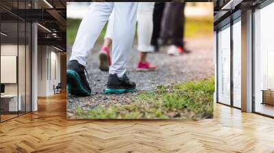 People wear sport shoes walking, running, traveling, hiking or exercise together outdoors workout in the park, close up of feet. Wall mural