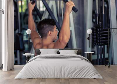 Portrait of young man doing exercise by using weight lifting equipment in sport gym, bodybuilder concept. Wall mural