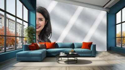 Power of woman, young Asian businesswoman raised thumb up motivate herself with confident. Wall mural