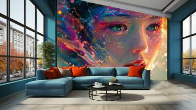 Charming Japanese girl painting vibrant abstract art Wall mural