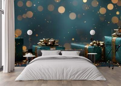 Christmas banner. Realistic green gift boxes with golden bow, gold stars and glitter confetti. Xmas background, horizontal christmas poster, greeting cards, headers website. Wall mural