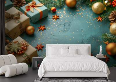 Christmas green background with gift boxes, preparation for the holidays. Top view with copy space. Wall mural