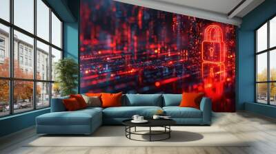 Closeup digital art of cyber security concept with red padlock icon on glowing binary code background Wall mural