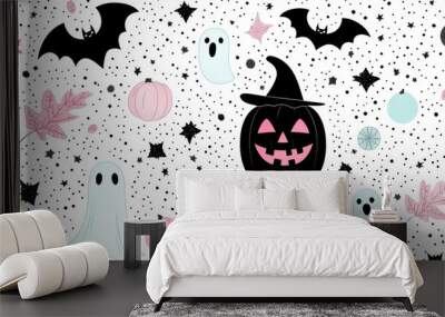 Coloring Book Halloween Spooky A coloring page filled with various Halloween symbols including a jack o' lantern a black cat a witch hat a ghost and a bat against a backdrop of a starry night sky. Wall mural