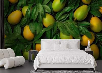 Creative layout made of ripe juicy mango on background. Flat lay, top view, copy space for text, product place. Healthy food concept, dieting. Food, organic cosmetics background. Wall mural