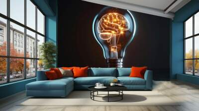 Creativity and Design: A 3D vector illustration of a lightbulb with a brain inside Wall mural