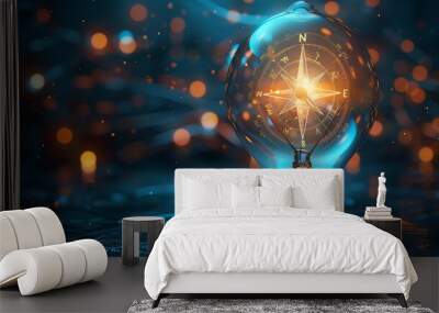 Creativity and Design: A 3D vector illustration of a lightbulb with a compass and blueprint inside Wall mural