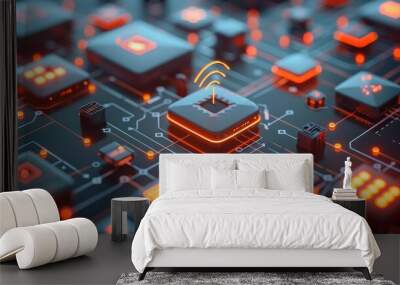 Data Transfer: A 3D vector illustration of data being transmitted wirelessly between devices Wall mural