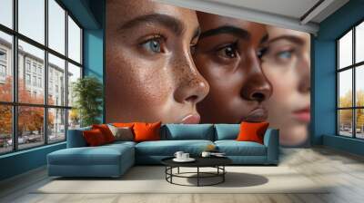 Design a stunning frontal image featuring a diverse group showcasing different skin tones after a skincare ritual Utilize photorealistic digital rendering to highlight each unique Wall mural