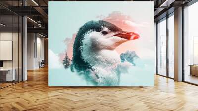 Enchanting double exposure of a penguin with Antarctic landscapes in the background, showcasing the charm and resilience of these beloved birds in their icy realm, ultra-realistic, vibrant colors, Wall mural