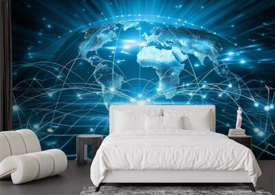 Global Connections: A photo of digital devices like laptops and smartphones connected by network lines Wall mural