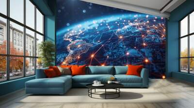 Global Connectivity: A 3D vector illustration of a globe with digital network lines connecting continents Wall mural