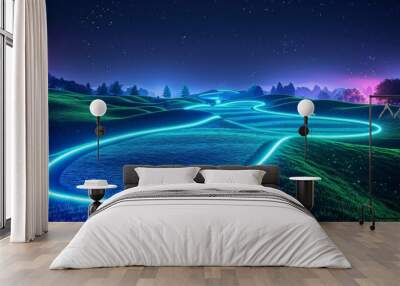 Glowing neon golf: A 3D vector illustration of a neon green and blue Wall mural