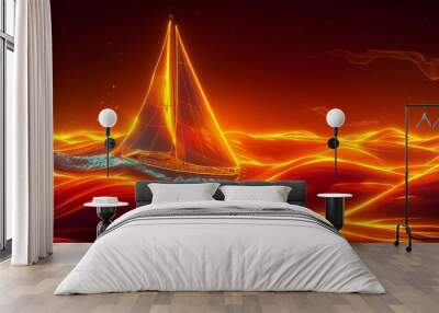 Glowing Neon Sailing: A 3D vector illustration of a yacht with glowing neon accents Wall mural