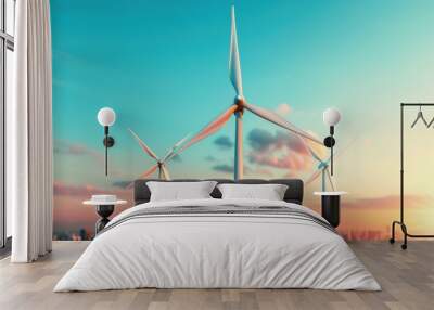 Illustrate a futuristic cityscape with sleek wind turbines, blending technology and sustainability. Wall mural