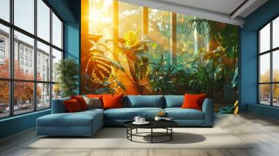 Illustrate a mesmerizing low-angle perspective of classic IoT objects like smart home devices blending seamlessly with nature - vibrant plants and streaming sunlight Create this sc Wall mural