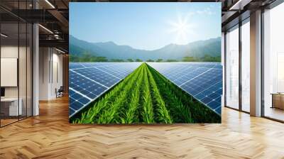 Illustrate a panoramic view of solar panels in a lush green field, capturing the essence of renewable energy in a natural setting. Wall mural