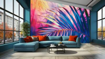 illustration of bright coconut tree leaf close up, colorful background Wall mural