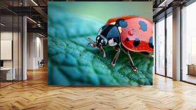 Insects and Bugs: A macro close-up photo of a ladybug crawling on a leaf Wall mural