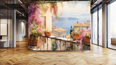 Italian window and balcony facade with flowers front view watercolor painting Wall mural