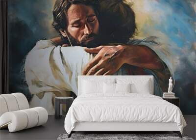 Jesus Christ hugging and comforting a man, oil painting Wall mural